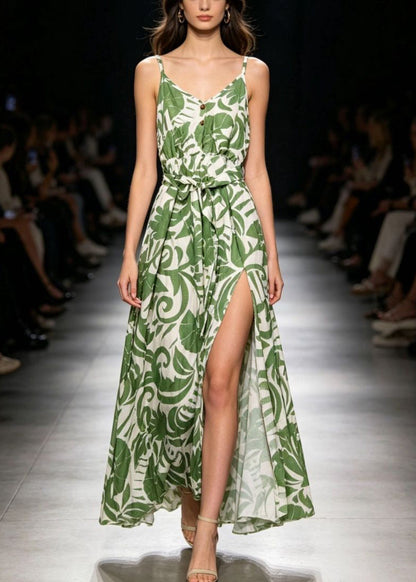 Loose Green V Neck Side Open Long Dress Summer