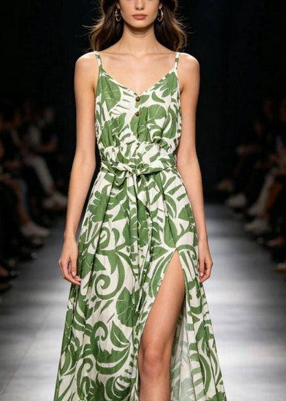 Loose Green V Neck Side Open Long Dress Summer