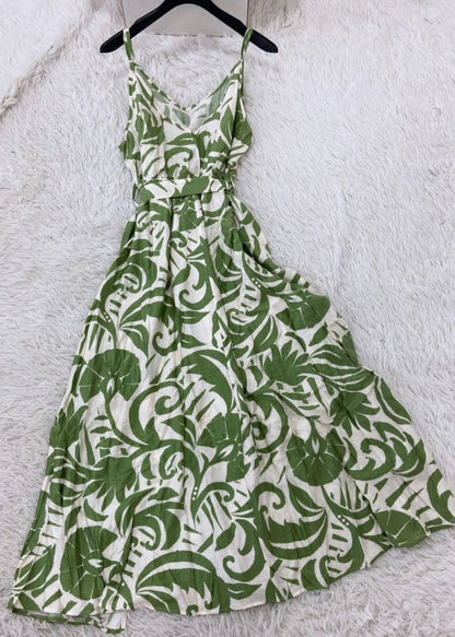 Loose Green V Neck Side Open Long Dress Summer