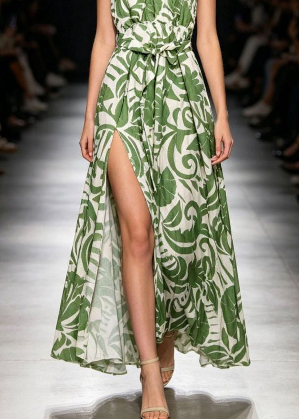 Loose Green V Neck Side Open Long Dress Summer