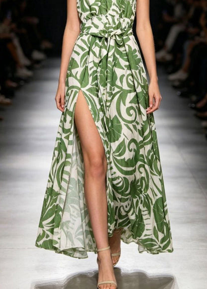 Loose Green V Neck Side Open Long Dress Summer