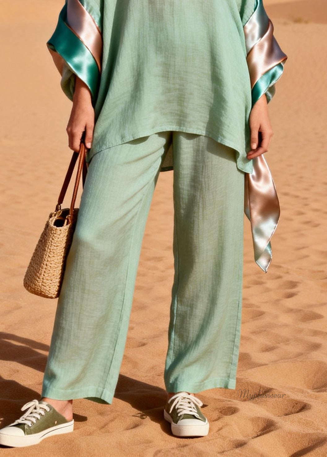 Loose Green V Neck Silk Patchwork Linen Two Piece Set Spring