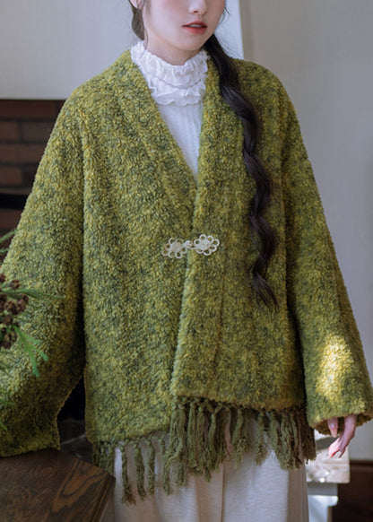 Loose Green V Neck Tasseled Button Warm Fleece Teddy Coats Winter