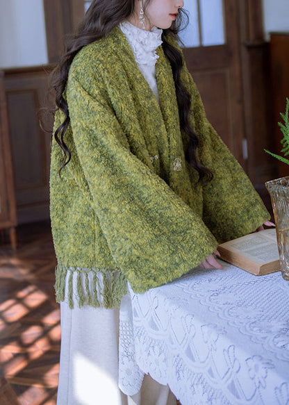 Loose Green V Neck Tasseled Button Warm Fleece Teddy Coats Winter