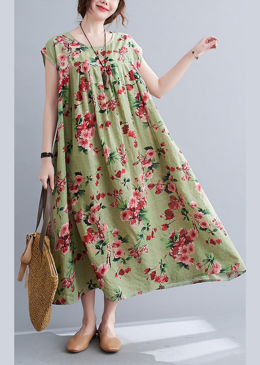 Loose Green Wrinkled Print Cotton Long Dresses Short Sleeve
