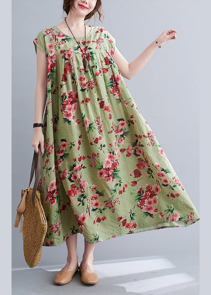 Loose Green Wrinkled Print Cotton Long Dresses Short Sleeve