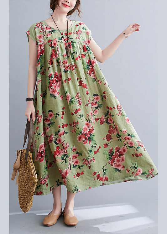 Loose Green Wrinkled Print Cotton Long Dresses Short Sleeve