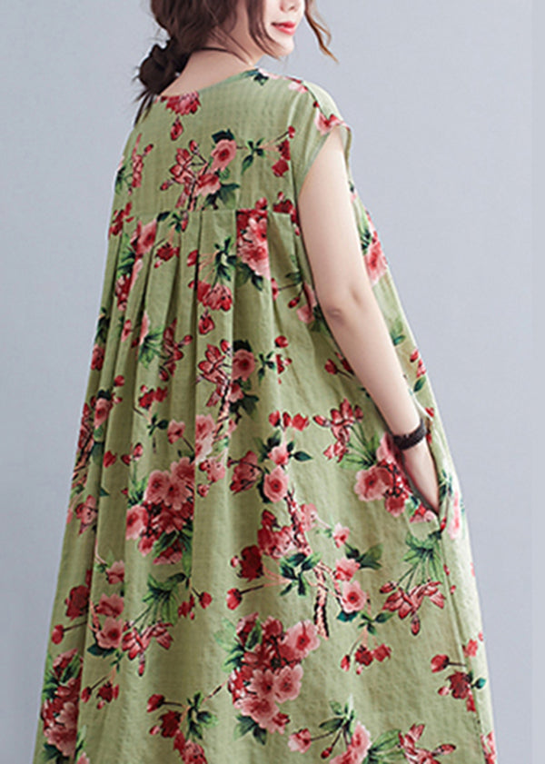 Loose Green Wrinkled Print Cotton Long Dresses Short Sleeve