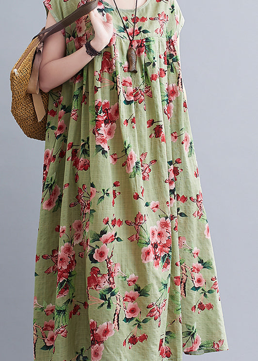 Loose Green Wrinkled Print Cotton Long Dresses Short Sleeve