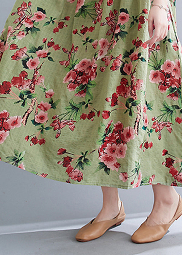 Loose Green Wrinkled Print Cotton Long Dresses Short Sleeve