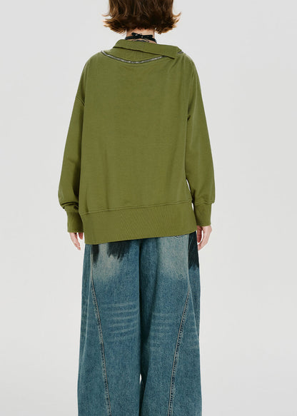 Loose Green Zip Up Print Cotton Pullover Sweatshirt Spring