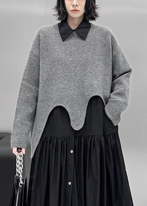 Loose Grey Asymmetrical Cozy Knit Sweater Tops Spring