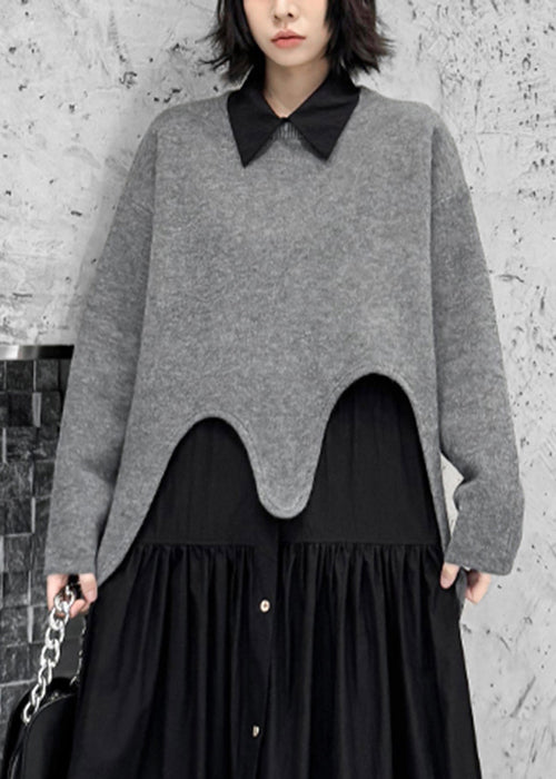 Loose Grey Asymmetrical Cozy Knit Sweater Tops Spring