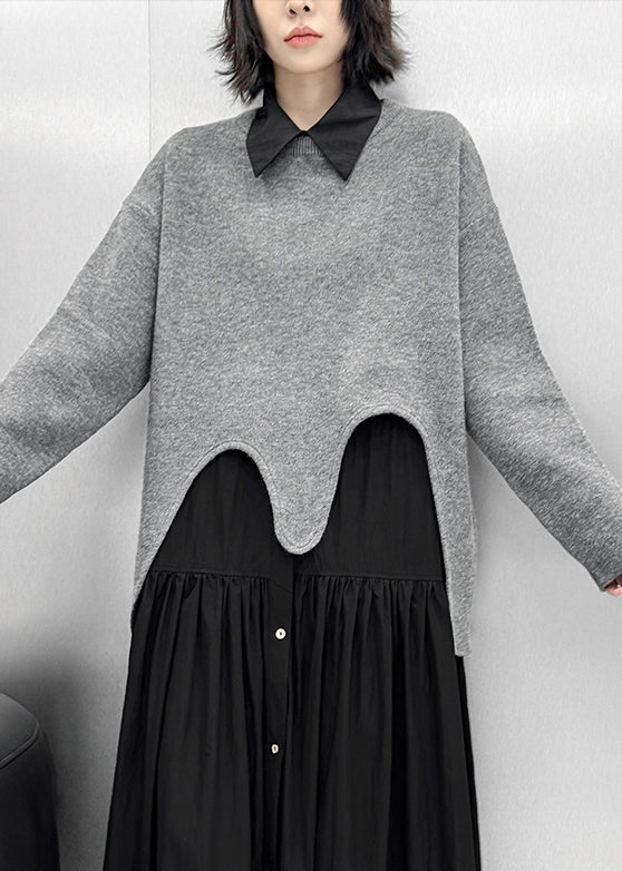 Loose Grey Asymmetrical Cozy Knit Sweater Tops Spring