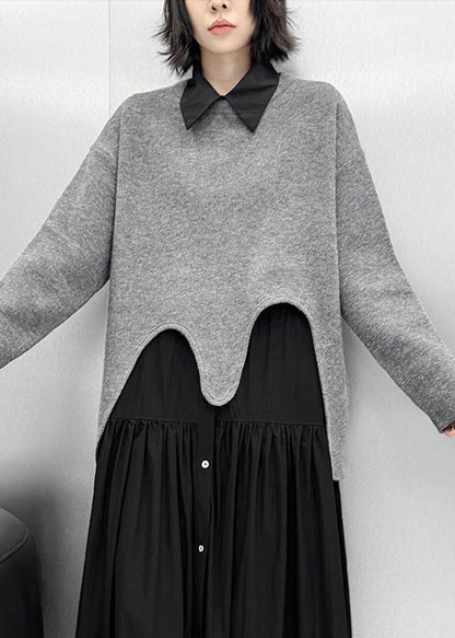 Loose Grey Asymmetrical Cozy Knit Sweater Tops Spring