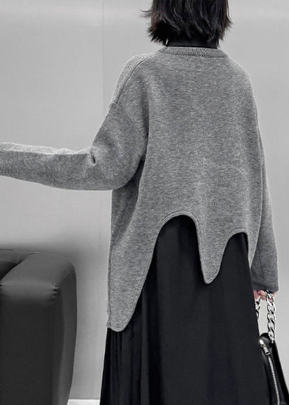 Loose Grey Asymmetrical Cozy Knit Sweater Tops Spring