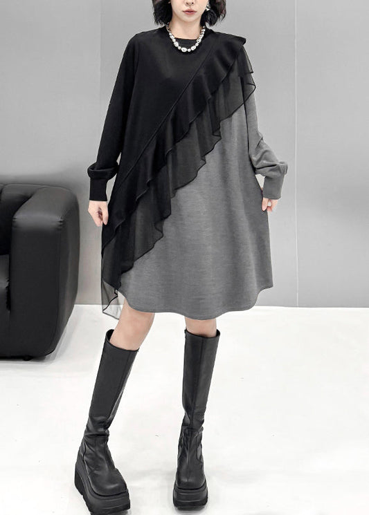 Loose Grey Asymmetrical Tulle Patchwork Cotton T Shirt Dress Spring