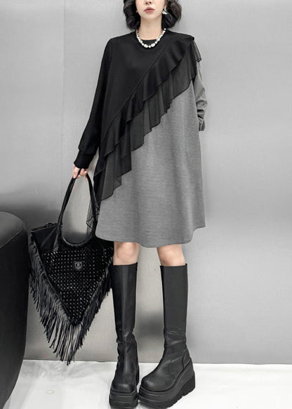Loose Grey Asymmetrical Tulle Patchwork Cotton T Shirt Dress Spring