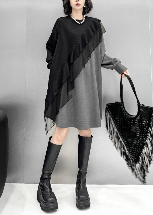 Loose Grey Asymmetrical Tulle Patchwork Cotton T Shirt Dress Spring