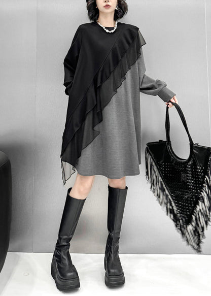 Loose Grey Asymmetrical Tulle Patchwork Cotton T Shirt Dress Spring