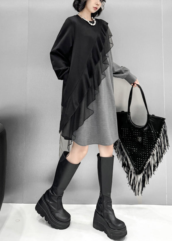 Loose Grey Asymmetrical Tulle Patchwork Cotton T Shirt Dress Spring