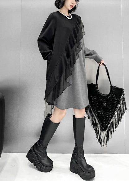 Loose Grey Asymmetrical Tulle Patchwork Cotton T Shirt Dress Spring