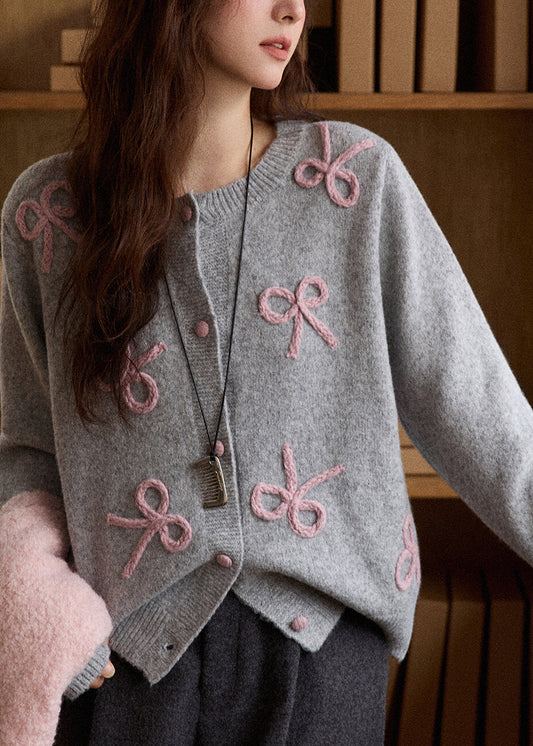 Loose Grey Bow Embroidered Cotton Knit Cardigan Spring
