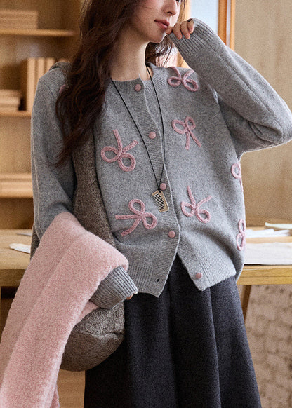 Loose Grey Bow Embroidered Cotton Knit Cardigan Spring