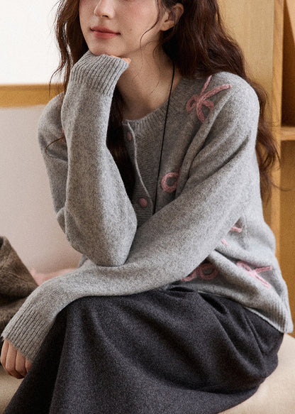Loose Grey Bow Embroidered Cotton Knit Cardigan Spring