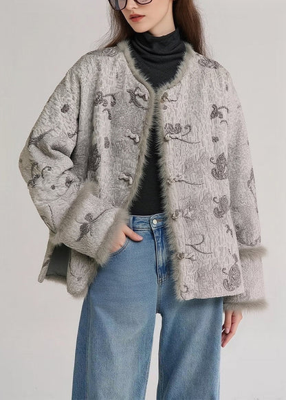Loose Grey Button Side Open Fluffy Patchwork Cotton Filled Parkas Winter