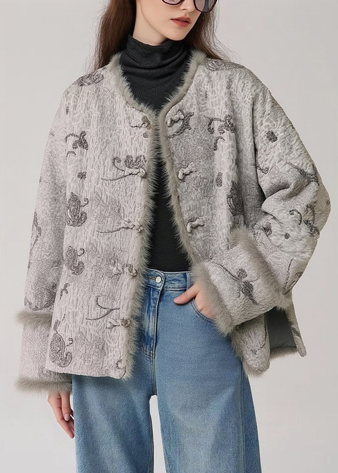 Loose Grey Button Side Open Fluffy Patchwork Cotton Filled Parkas Winter