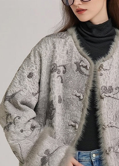 Loose Grey Button Side Open Fluffy Patchwork Cotton Filled Parkas Winter