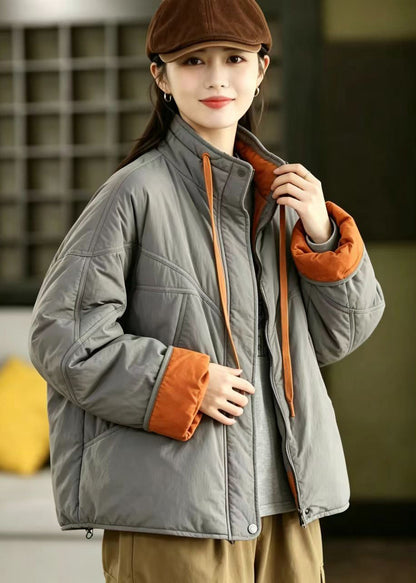 Loose Grey Color Block Stand Collar Drawstring Pockets Cotton Filled Puffer Jacket Winter