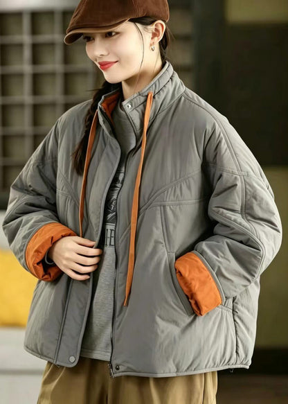 Loose Grey Color Block Stand Collar Drawstring Pockets Cotton Filled Puffer Jacket Winter