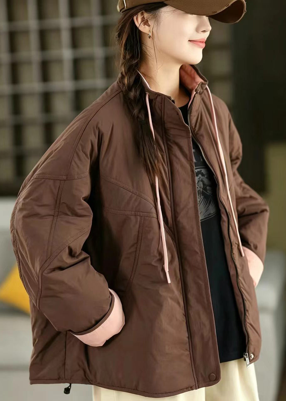 Loose Grey Color Block Stand Collar Drawstring Pockets Cotton Filled Puffer Jacket Winter