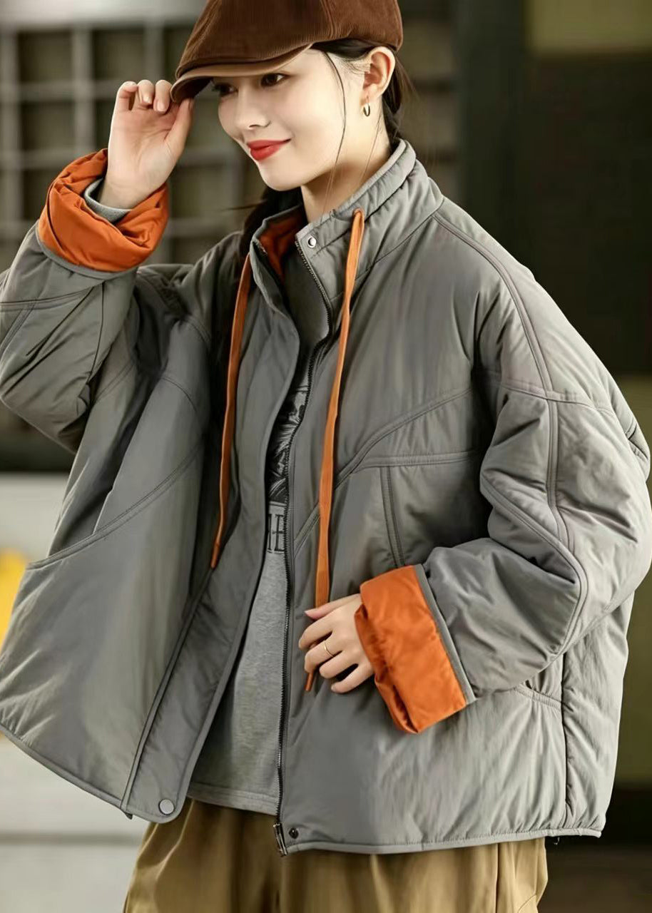 Loose Grey Color Block Stand Collar Drawstring Pockets Cotton Filled Puffer Jacket Winter
