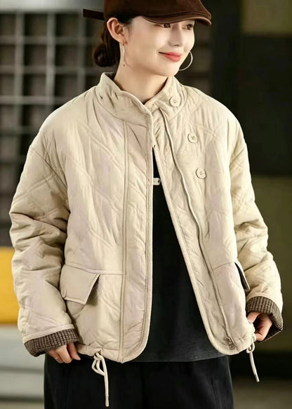 Loose Grey Green Stand Collar Drawstring Cotton Filled Puffer Jacket Winter