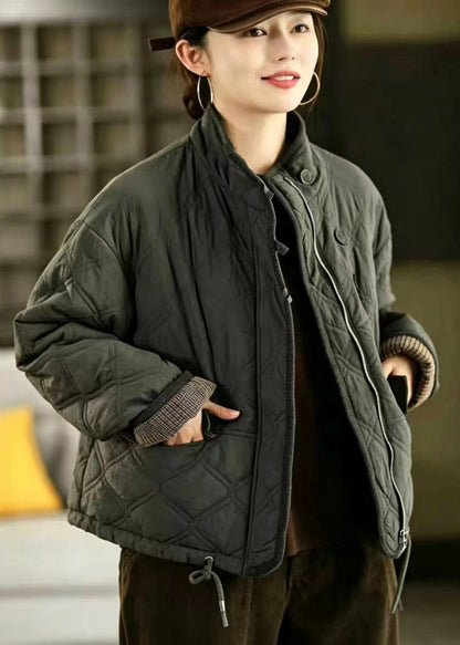 Loose Grey Green Stand Collar Drawstring Cotton Filled Puffer Jacket Winter