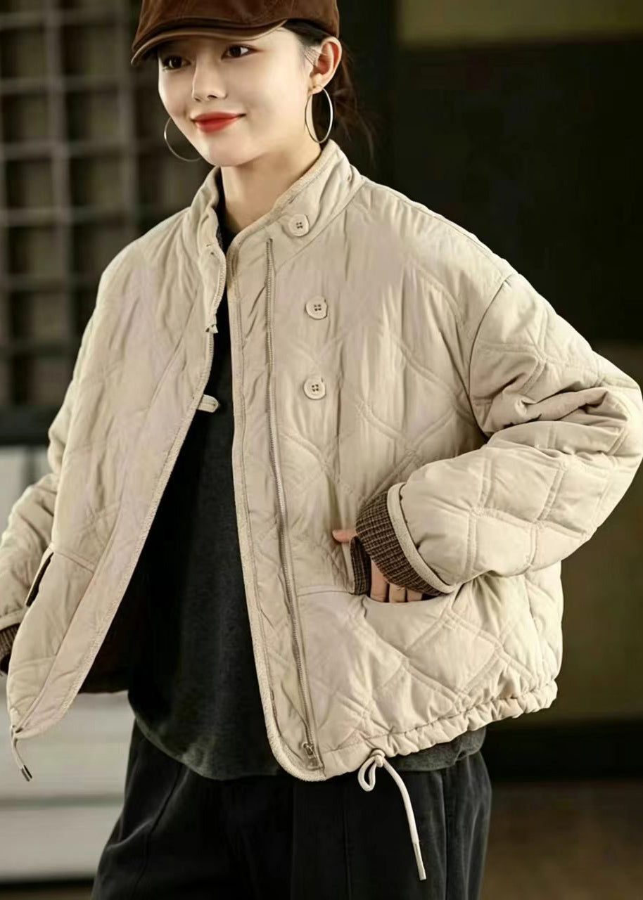 Loose Grey Green Stand Collar Drawstring Cotton Filled Puffer Jacket Winter