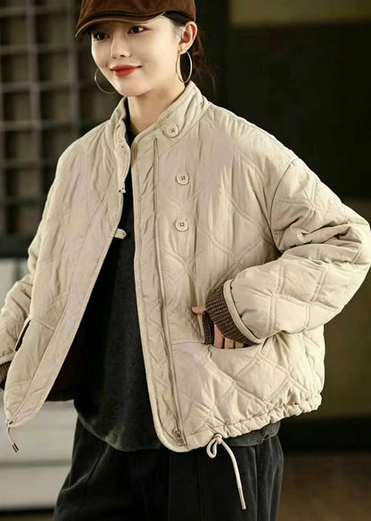 Loose Grey Green Stand Collar Drawstring Cotton Filled Puffer Jacket Winter