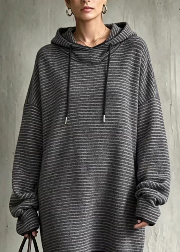 Loose Grey Hooded Drawstring Striped Long Sweatshirts Top Fall