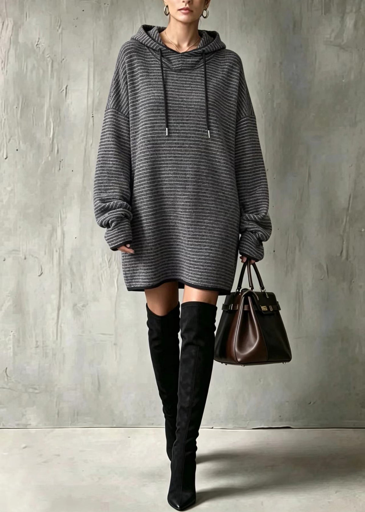 Loose Grey Hooded Drawstring Striped Long Sweatshirts Top Fall