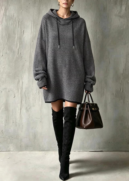 Loose Grey Hooded Drawstring Striped Long Sweatshirts Top Fall