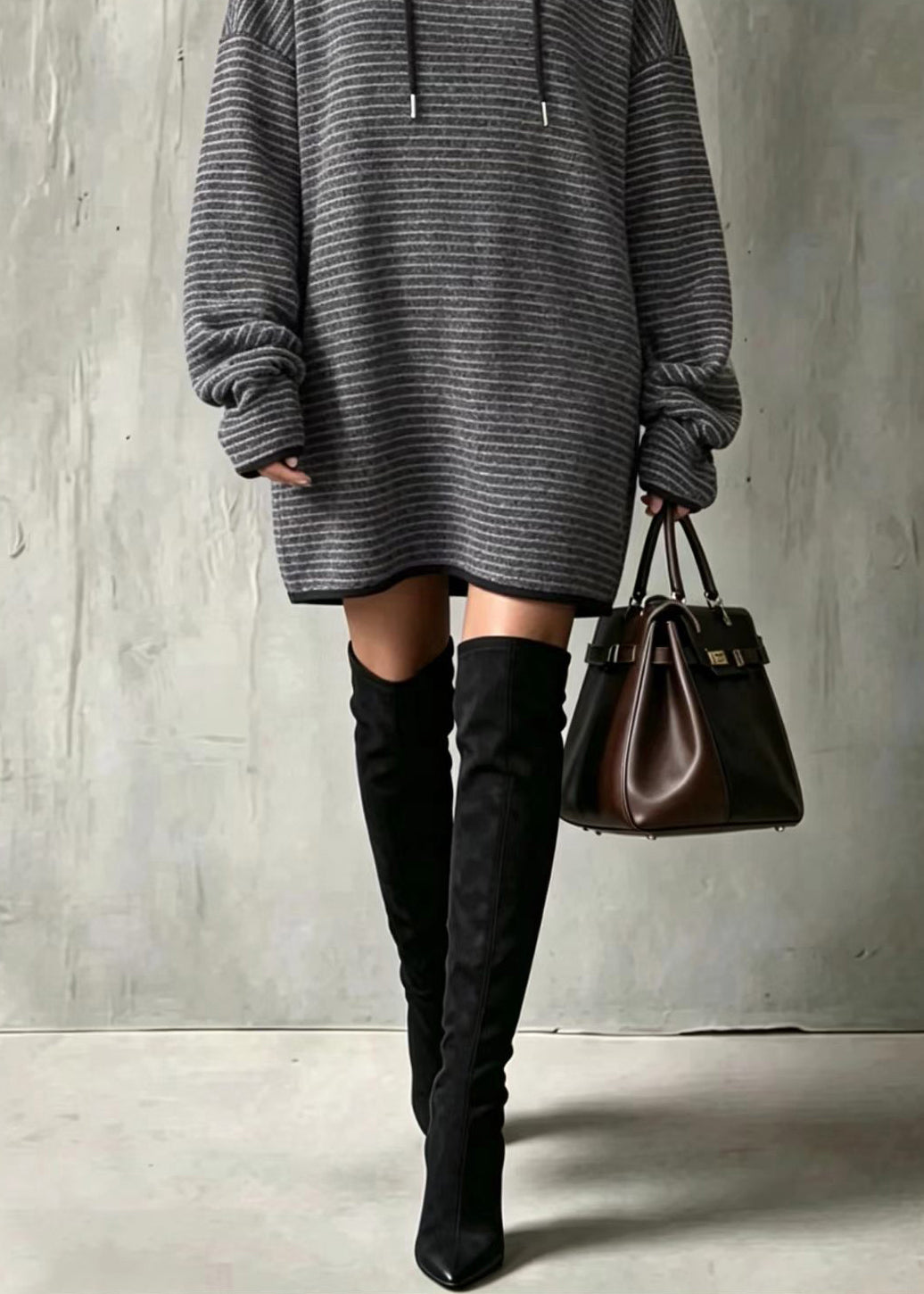Loose Grey Hooded Drawstring Striped Long Sweatshirts Top Fall
