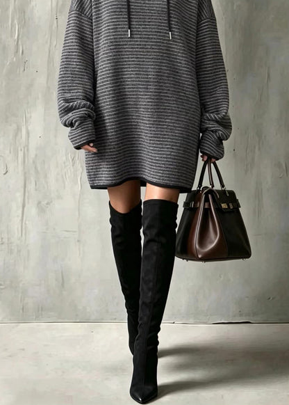 Loose Grey Hooded Drawstring Striped Long Sweatshirts Top Fall