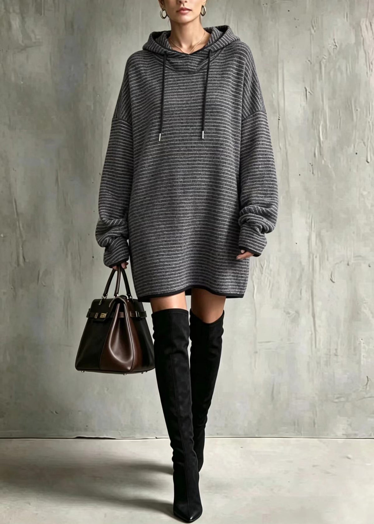 Loose Grey Hooded Drawstring Striped Long Sweatshirts Top Fall