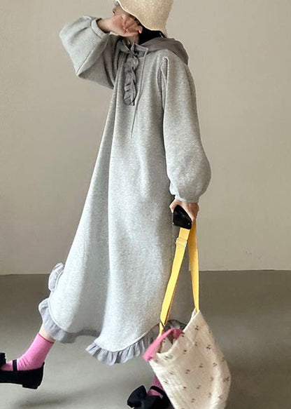 Loose Grey Hooded Ruffled Zippered Cotton Sweatshirt Dress Spring
