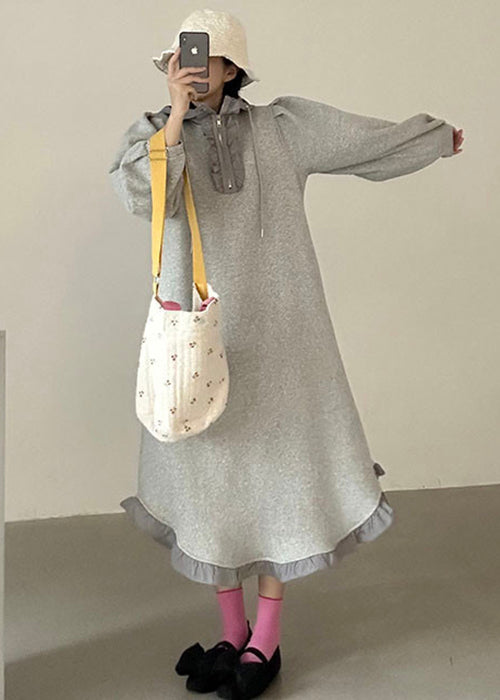 Loose Grey Hooded Ruffled Zippered Cotton Sweatshirt Dress Spring