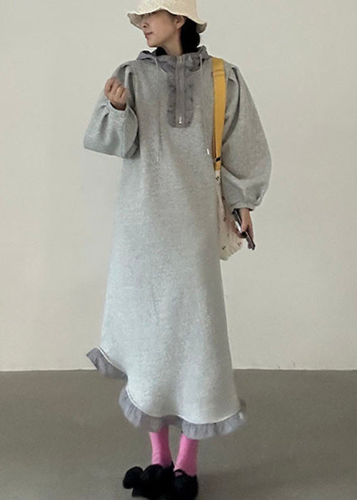 Loose Grey Hooded Ruffled Zippered Cotton Sweatshirt Dress Spring