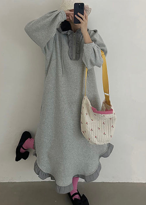 Loose Grey Hooded Ruffled Zippered Cotton Sweatshirt Dress Spring